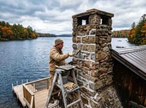 A chimney technician apply cement to chimney