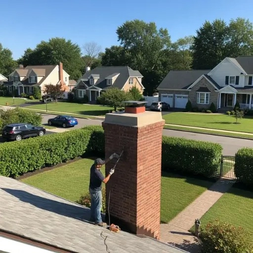 A chimney technician applying sealant or mortar to a tall brick chimney in a suburban neighborhood, viewed from above at roof level on a sunny day with green hedges and houses in the background.
