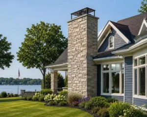 A gorgeous, manicured property on the south side of Powers Lake, showcasing a beautifully crafted masonry chimney stack against a clean, crisp background.